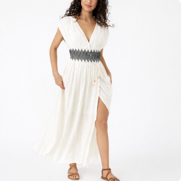 Free People White Maxi Dress V-Neck Button Slit Embroidered Waist - Picture 16 of 16